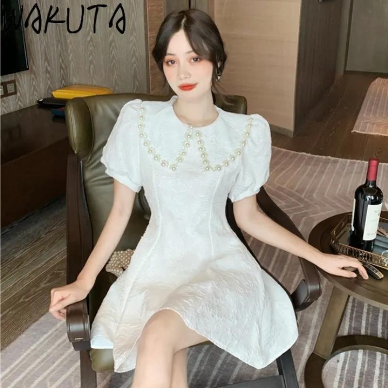 WAKUTA-우아한 진주 피터팬 칼라 여름 공주 드레스, 여성 한국 패션 퍼프 슬리브 하이 웨이스트 짧은 드레스 빈티지